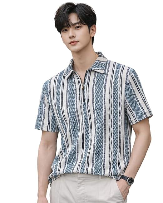 london hills men’s loose fit vertical striped polo t shirt with zip collar | premium polyester fabric | half sleeve casual summer wear | lightweight breathable streetwear fashion tshirt