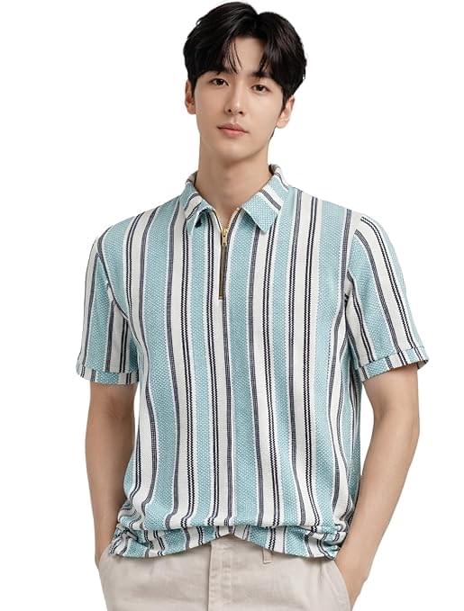 london hills men’s loose fit vertical striped polo t shirt with zip collar | premium polyester fabric | half sleeve casual summer wear | lightweight breathable streetwear fashion tshirt