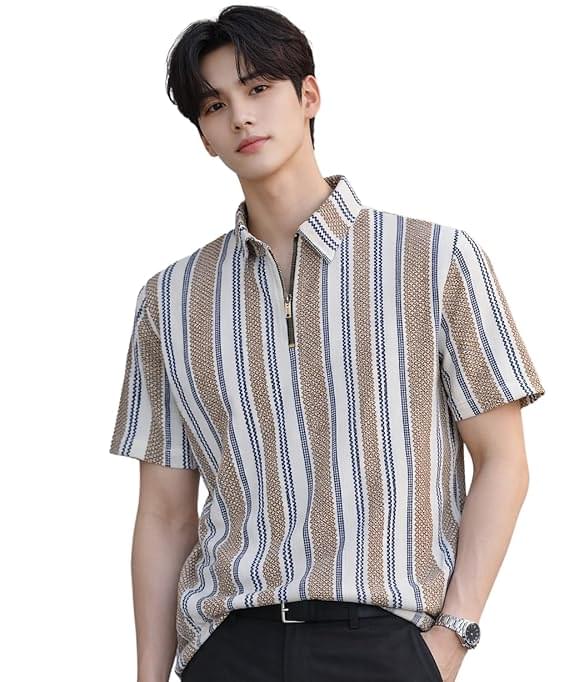 london hills men’s loose fit vertical striped polo t shirt with zip collar | premium polyester fabric | half sleeve casual summer wear | lightweight breathable streetwear fashion tshirt