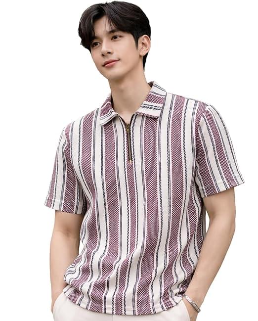 london hills men’s loose fit vertical striped polo t shirt with zip collar | premium polyester fabric | half sleeve casual summer wear | lightweight breathable streetwear fashion tshirt