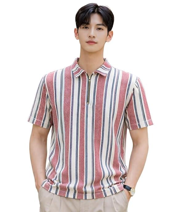 london hills men’s loose fit vertical striped polo t shirt with zip collar | premium polyester fabric | half sleeve casual summer wear | lightweight breathable streetwear fashion tshirt