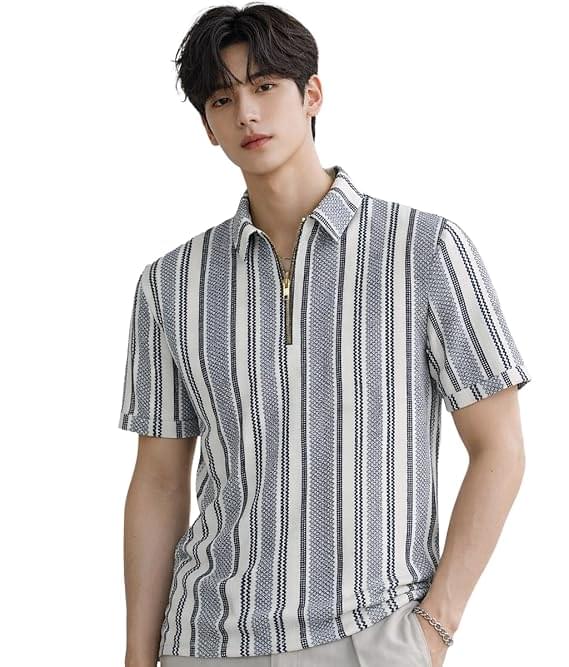 london hills men’s loose fit vertical striped polo t shirt with zip collar | premium polyester fabric | half sleeve casual summer wear | lightweight breathable streetwear fashion tshirt